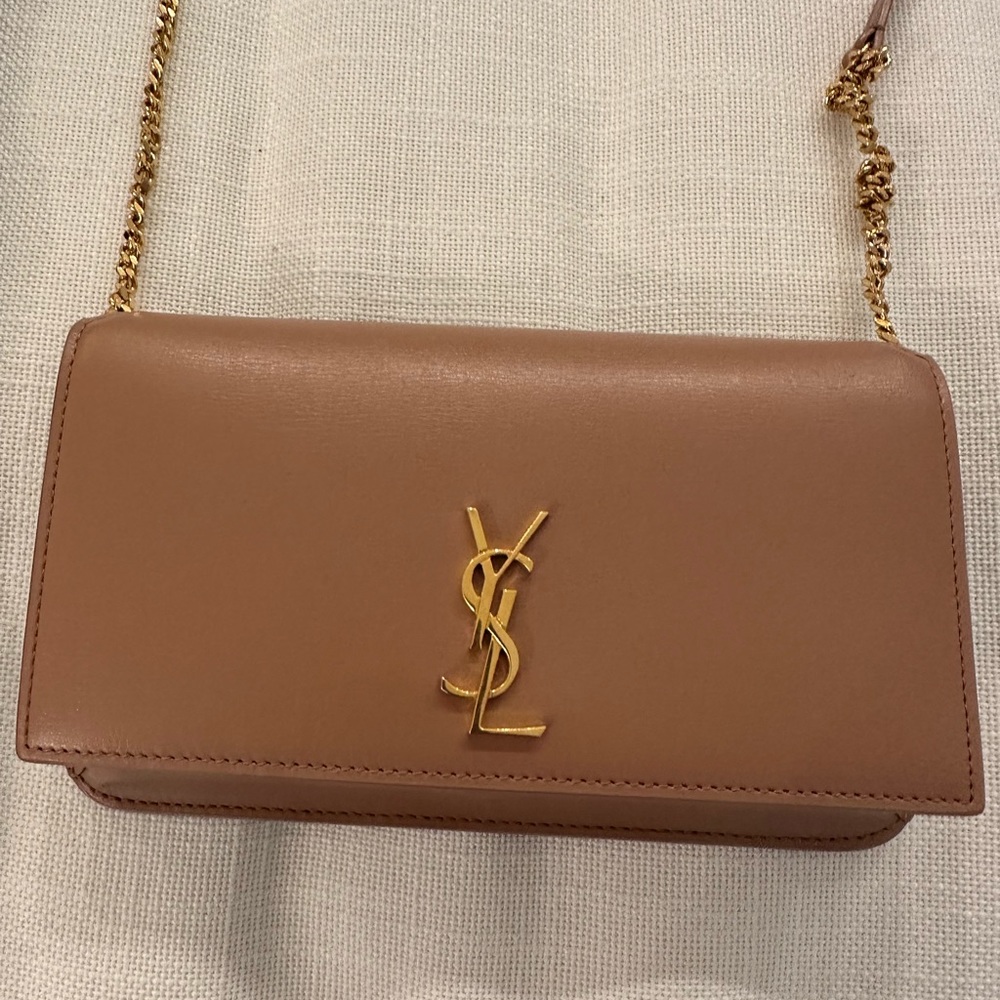 Vintage Peach Saint Laurent Beige Leather Cassandre Phone Holder with Strap